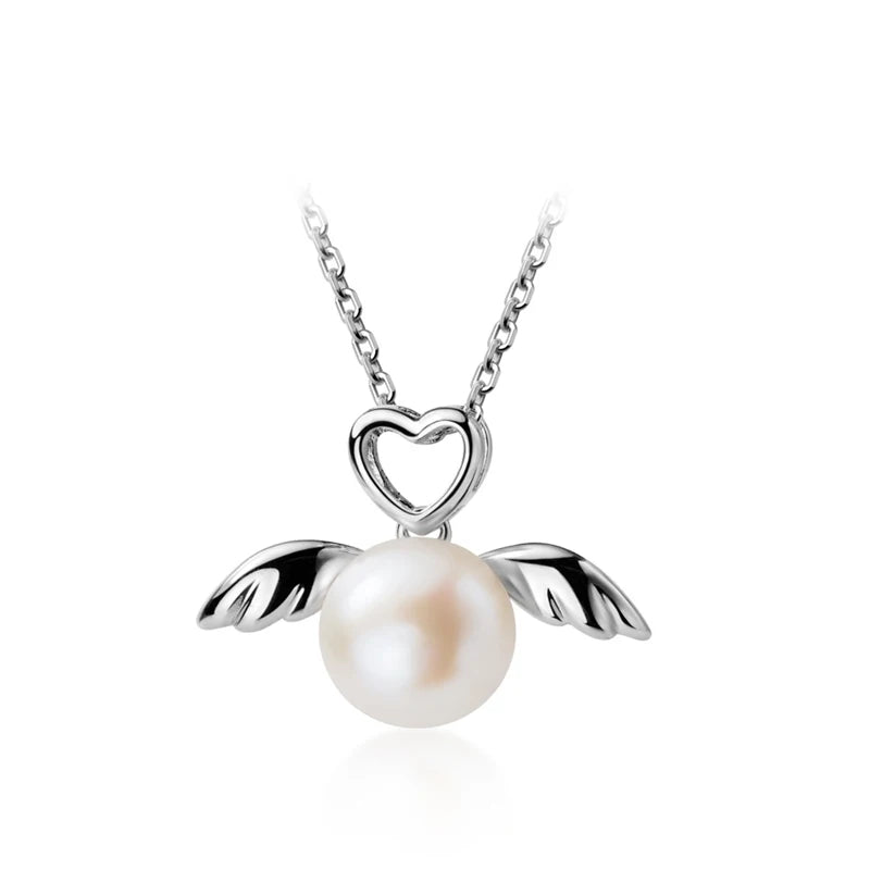 Colgante elegante de alas de ángel de plata de ley 925 con forma de corazón y perla natural de Modian para mujer, joyería fina.