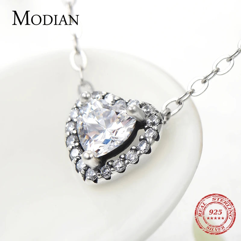 Collar con colgante de corazón de circonita cúbica transparente de plata esterlina 925 auténtica de Modian para mujer, cadena de moda para bodas, accesorios de joyería llamativos