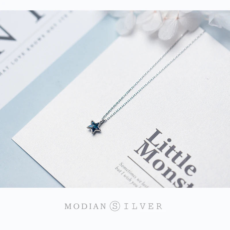 Collar Modian de plata de ley 925 con mini estrellas azules, colgante retro, ajustable, joyería fina original