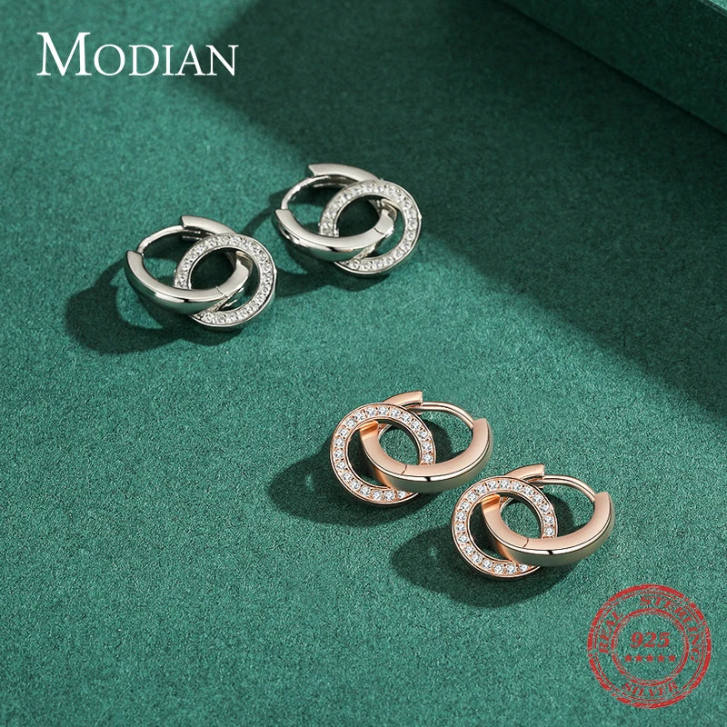 Pendientes Modian de plata de ley 925 con forma de círculo en oro rosa y circonita cúbica transparente para mujer, joyería de boda