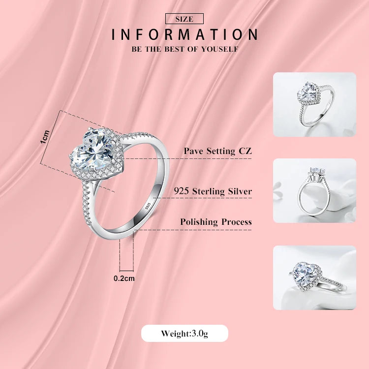 Anillo de compromiso con circonita cúbica de nivel AAAAA en plata de ley 925 con forma de corazón para mujeres y niñas, con caja de regalo.