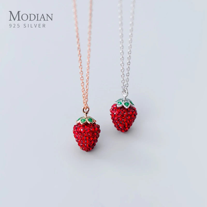 Collar con colgante de fresa 3D de Modian, de plata de ley 925 auténtica, para mujer, con cadena de eslabones de cristal, joyería fina.