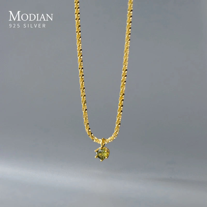 MODIAN Genuine 100% 925 Sterling Silver Sparkling Olive Green CZ Choker Necklace Pendant Chain For Women Wedding Fine Jewelry