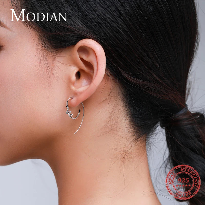 Pendientes de aro Modian 100% de plata de ley 925 con diseño de cara humana, elegantes y modernos, para mujeres y niñas, joyería fina.
