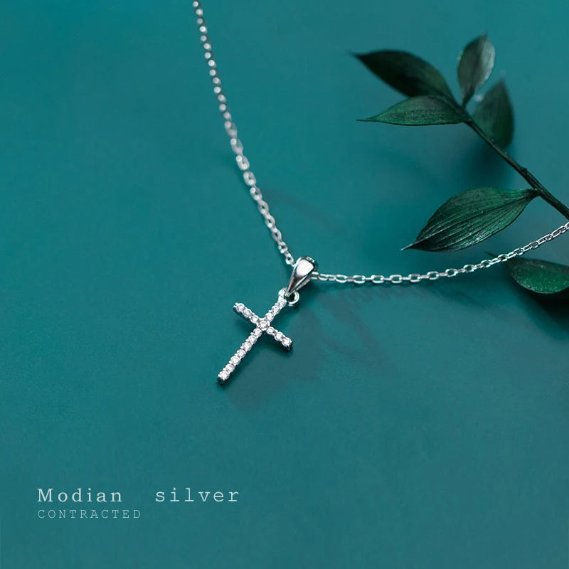 Collar con colgante de cruz de lujo con circonitas deslumbrantes de Modian, plata de ley 925 auténtica para mujer, cadena de eslabones, joyería de moda