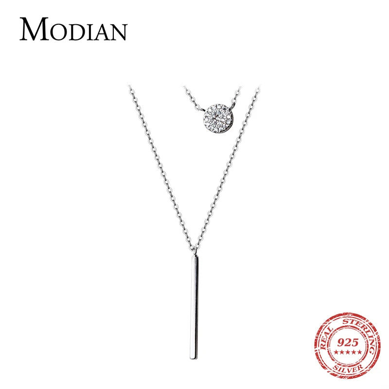 Modian Sterling Silver 925 Shining Zircon Disc Geometric Stick Pendant Necklace for Women Double Layer Necklaace Fine Jewelry