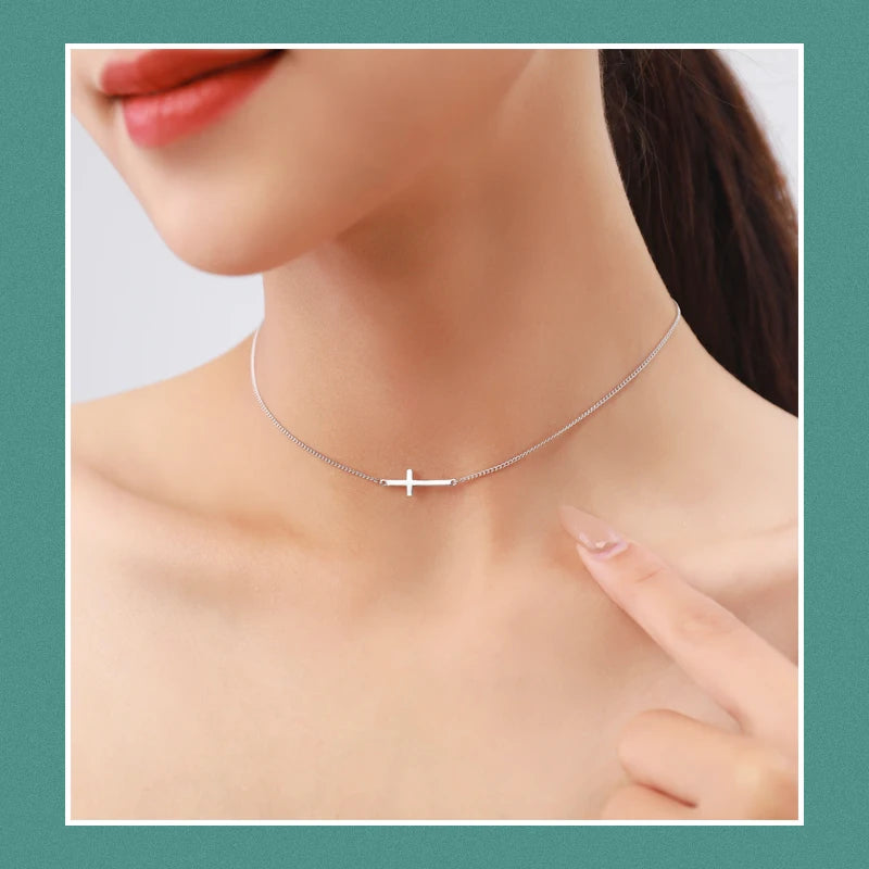 Gargantilla con cruz sencilla y exquisita de Modian, 100 % plata de ley 925, cadena clásica brillante, colgante para mujer, joyería