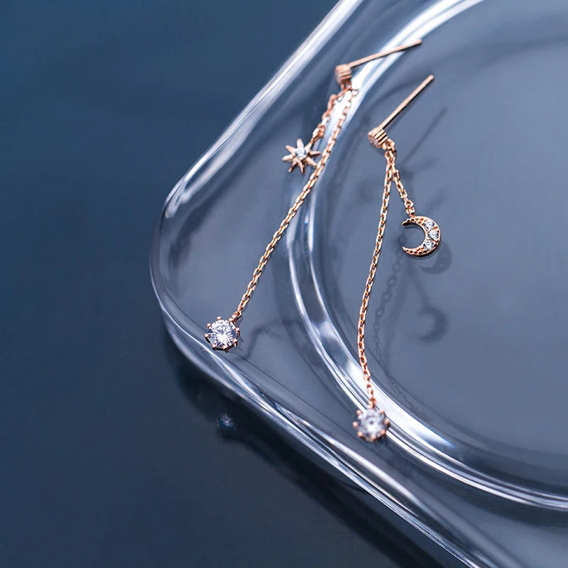 Pendientes Modian Moon con borlas en plata de ley 925, color oro rosa, circonita cúbica transparente, regalo para mujer, joyería fina y original.