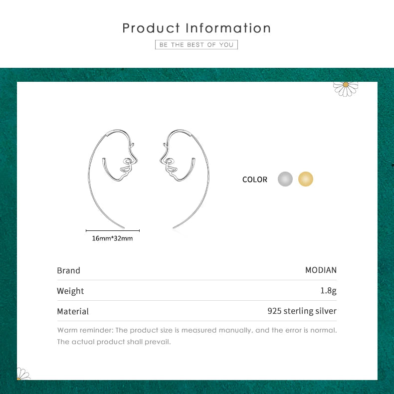 Pendientes de aro Modian 100% de plata de ley 925 con diseño de cara humana, elegantes y modernos, para mujeres y niñas, joyería fina.