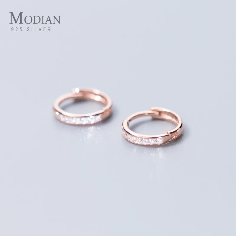 Pendientes de aro Modian con circonitas transparentes redondas y dijes simples, joyería de moda 100 % plata de ley 925, color oro rosa, para mujer, regalo
