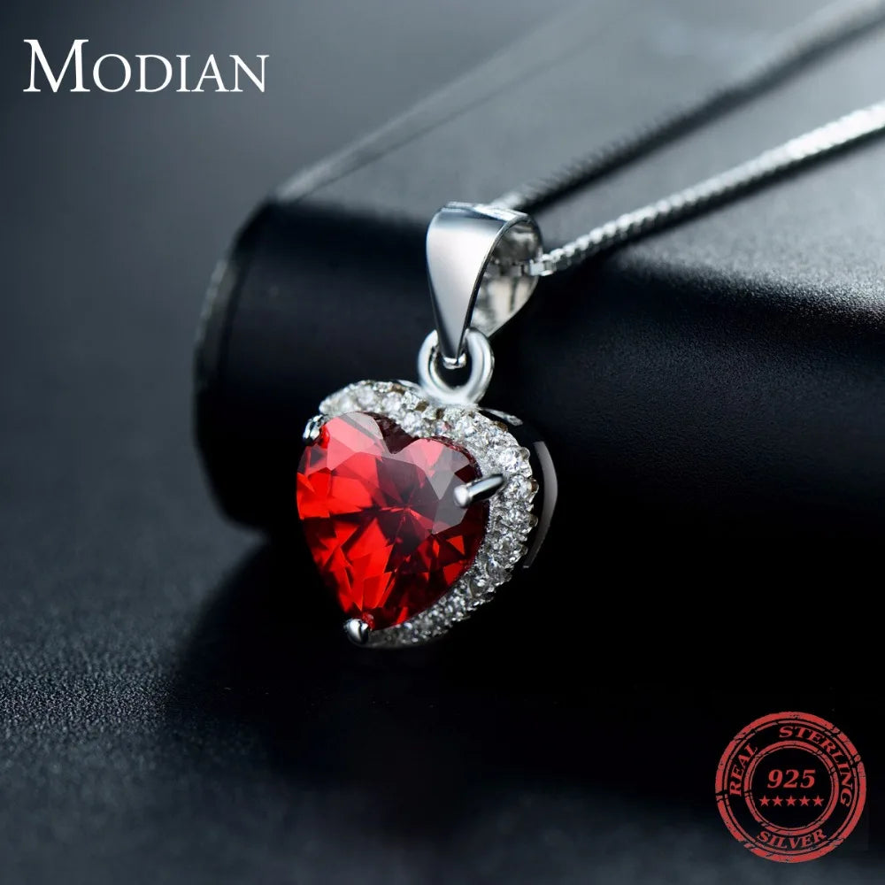 Colgante de corazón de plata de ley 925 auténtica de Modian, cadena de boda clásica con cristales transparentes y corazón rojo, joyería para mujer