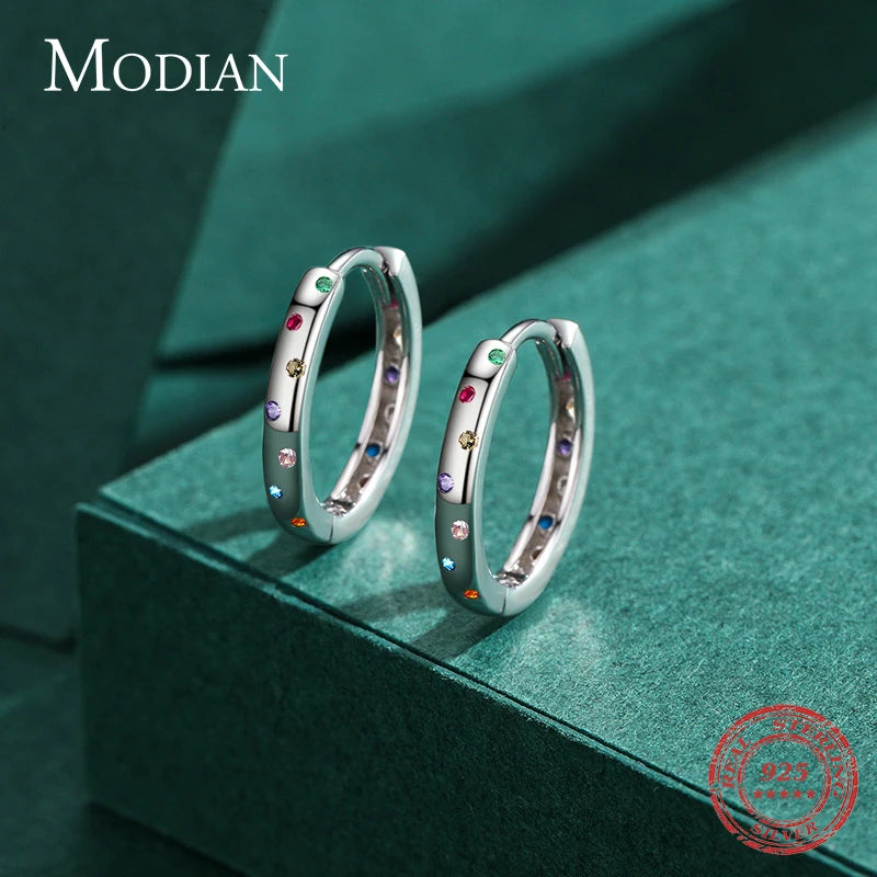 Pendientes de aro MODIAN de plata de ley 925 auténtica con circonitas de color arcoíris y círculos simples para mujer, joyería fina y elegante a la moda.