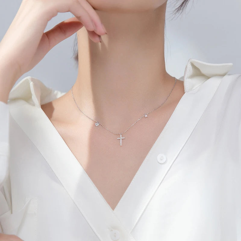 Collar Modian de plata de ley 925 con colgante de estrella, cruz y corazón para mujer, cadena de eslabones dorada, estilo coreano, joyería fina.
