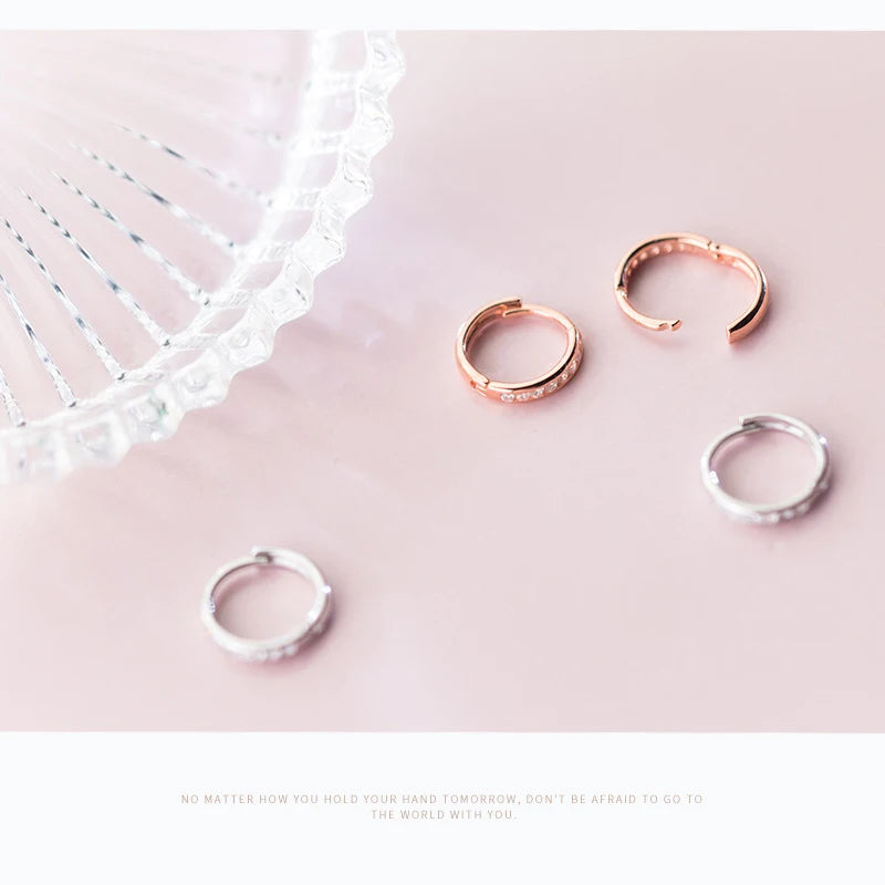 Pendientes de aro Modian con circonitas transparentes redondas y dijes simples, joyería de moda 100 % plata de ley 925, color oro rosa, para mujer, regalo