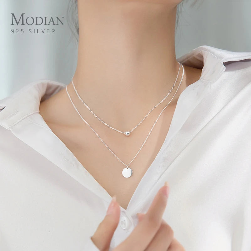 Colgante de plata de ley 925 con forma de moneda y cuentas de diseño simple de Modian para mujer y niña, collar de cadena básica de doble capa, joyería fina