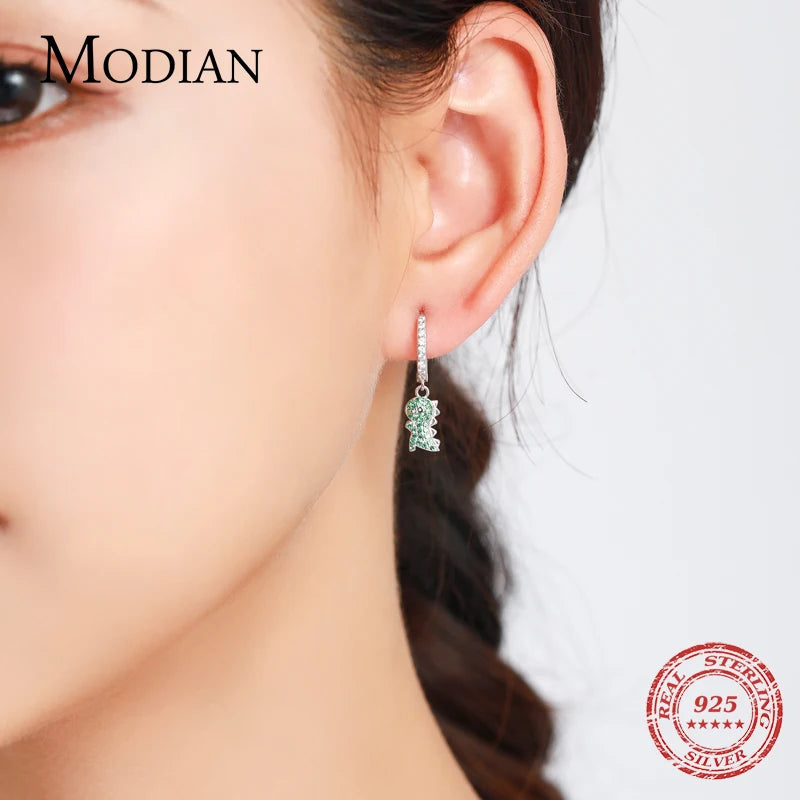 Pendientes colgantes Modian de plata de ley 925 auténtica con forma de dinosaurio y circonita cúbica transparente para mujer, joyería fina