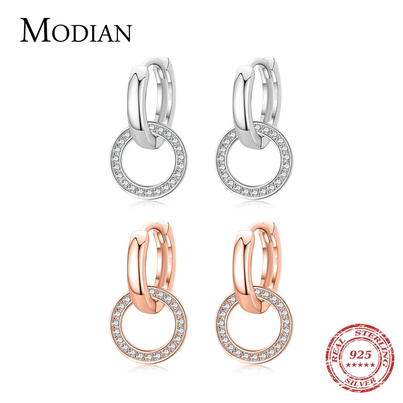 Pendientes Modian de plata de ley 925 con forma de círculo en oro rosa y circonita cúbica transparente para mujer, joyería de boda