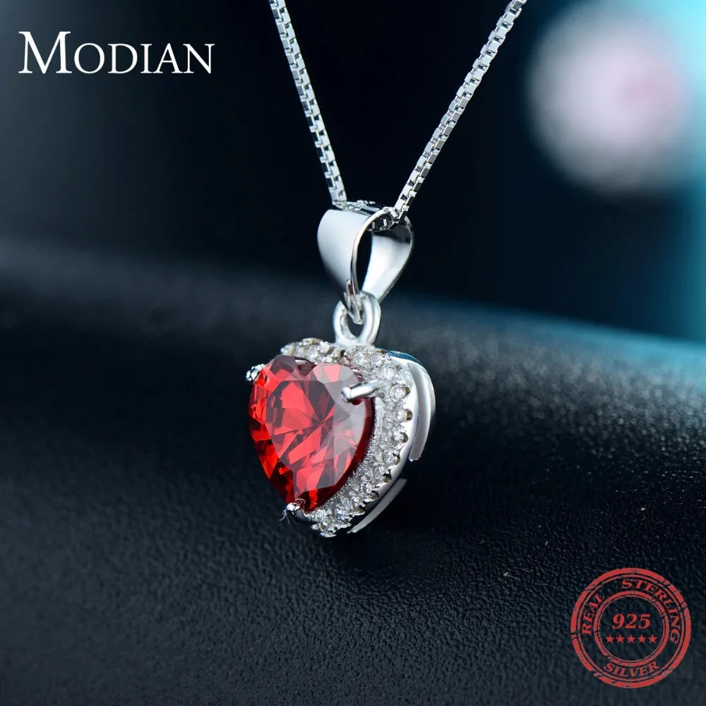 Colgante de corazón de plata de ley 925 auténtica de Modian, cadena de boda clásica con cristales transparentes y corazón rojo, joyería para mujer