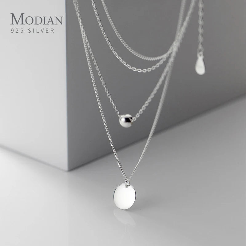 Colgante de plata de ley 925 con forma de moneda y cuentas de diseño simple de Modian para mujer y niña, collar de cadena básica de doble capa, joyería fina