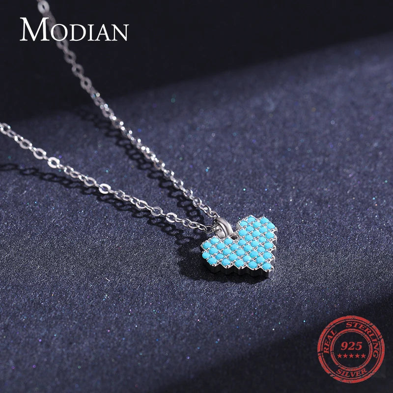 Collar Modian de plata de ley 925 auténtica con colgante de corazón vintage y turquesa para mujer, regalo familiar, joyería fina de estilo nacional.