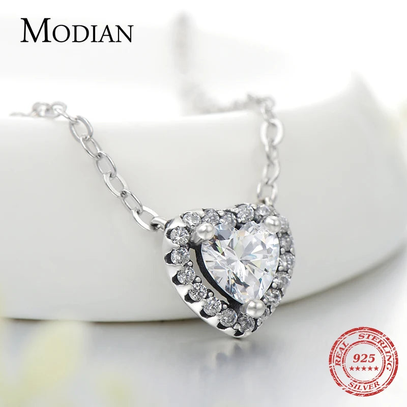 Collar con colgante de corazón de circonita cúbica transparente de plata esterlina 925 auténtica de Modian para mujer, cadena de moda para bodas, accesorios de joyería llamativos