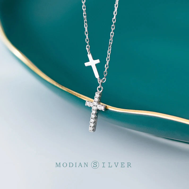 Collar con colgante de cruz gruesa de circonita cúbica brillante Modian en plata de ley 925 para mujer, collar sencillo ajustable, accesorios de joyería fina