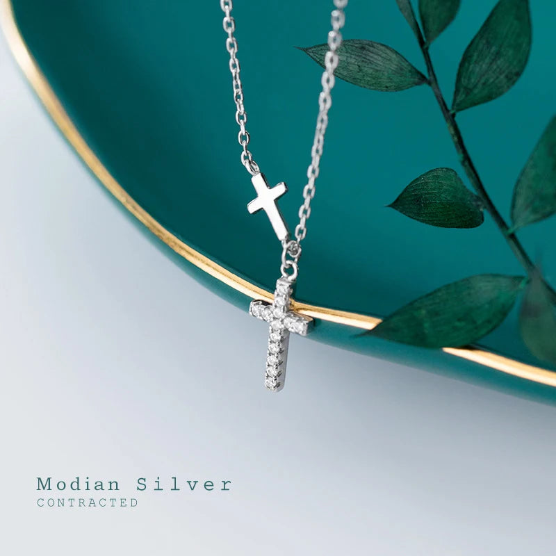 Collar con colgante de cruz gruesa de circonita cúbica brillante Modian en plata de ley 925 para mujer, collar sencillo ajustable, accesorios de joyería fina