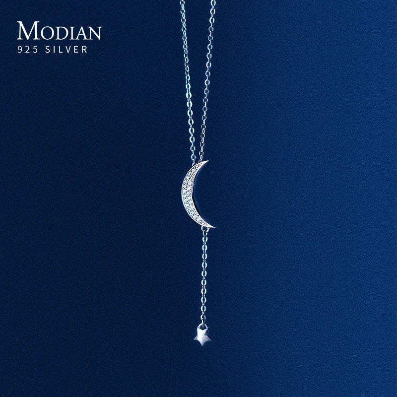 MODIAN Genuine 925 Sterling Silver Elegant Clear CZ Moon Chain Necklace Pendant For Women Wedding Gifts Fine Jewelry Accessories