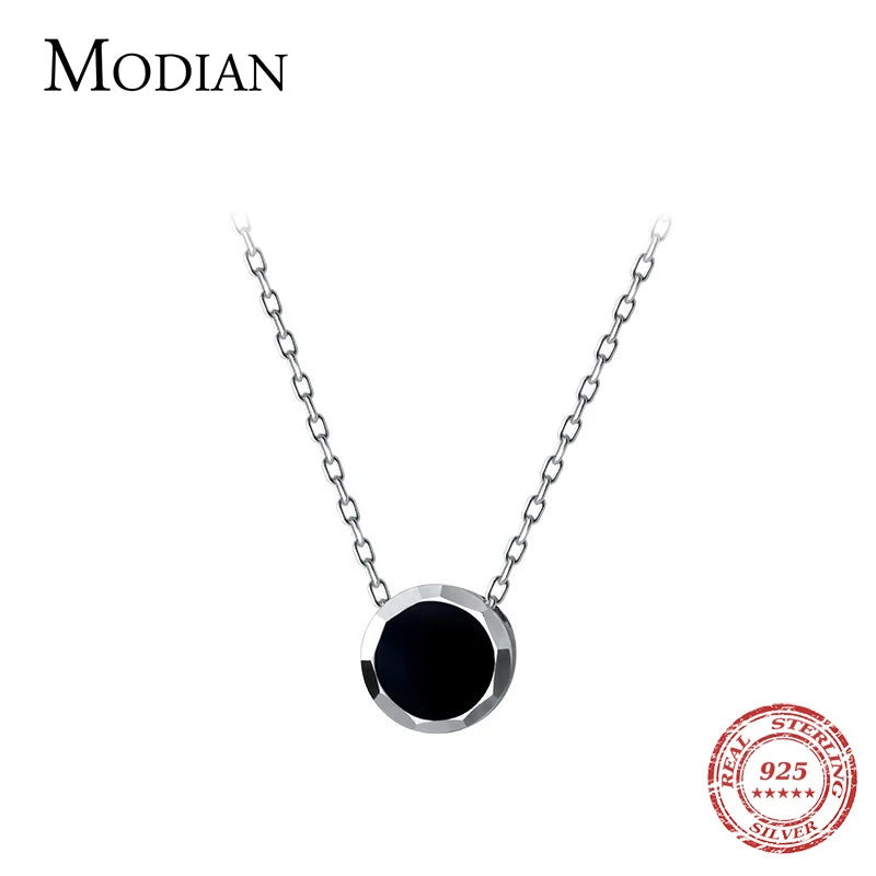 Collar Modian 100% de plata esterlina 925 auténtica, sencillo, de esmalte negro, color oro rosa, bonito colgante, cadena para mujer, joyería