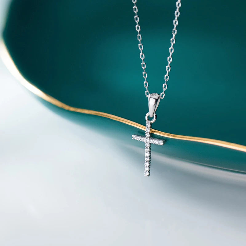 Collar con colgante de cruz de lujo con circonitas deslumbrantes de Modian, plata de ley 925 auténtica para mujer, cadena de eslabones, joyería de moda