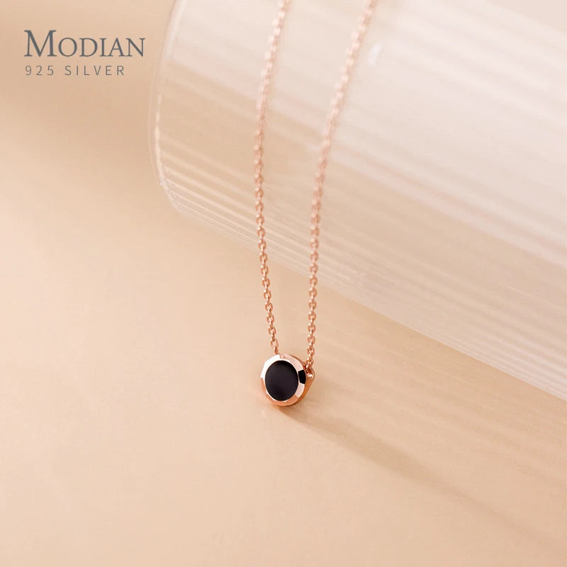 Collar Modian 100% de plata esterlina 925 auténtica, sencillo, de esmalte negro, color oro rosa, bonito colgante, cadena para mujer, joyería