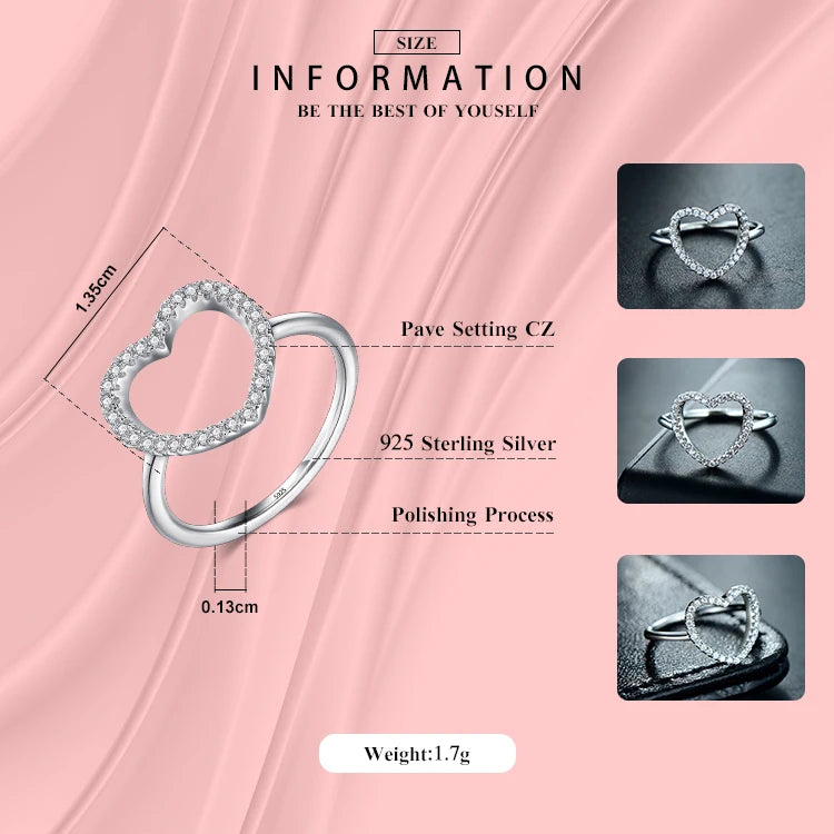 Nuevo diseño de moda, anillo clásico de amor en forma de corazón de plata esterlina sólida 925, anillos de dedo de circonita 5A para mujeres, joyería de compromiso