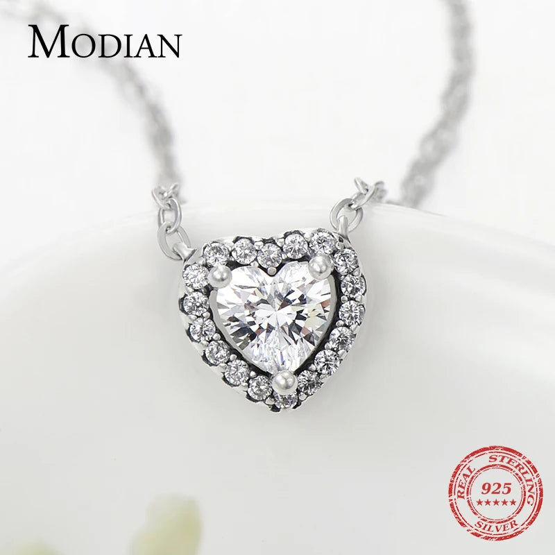 Collar con colgante de corazón de circonita cúbica transparente de plata esterlina 925 auténtica de Modian para mujer, cadena de moda para bodas, accesorios de joyería llamativos
