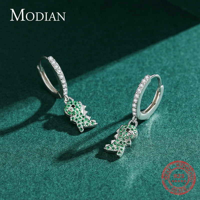 Pendientes colgantes Modian de plata de ley 925 auténtica con forma de dinosaurio y circonita cúbica transparente para mujer, joyería fina