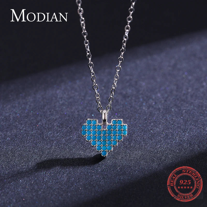 Collar Modian de plata de ley 925 auténtica con colgante de corazón vintage y turquesa para mujer, regalo familiar, joyería fina de estilo nacional.