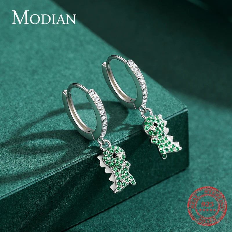 Pendientes colgantes Modian de plata de ley 925 auténtica con forma de dinosaurio y circonita cúbica transparente para mujer, joyería fina