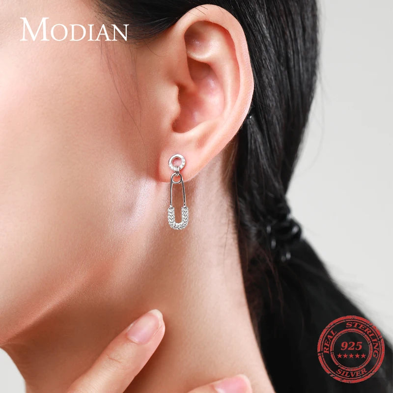 Pendientes Modian de plata de ley 925 para mujer y niña, deslumbrantes pendientes con circonita cúbica transparente, broche moderno, joyería fina para bodas.