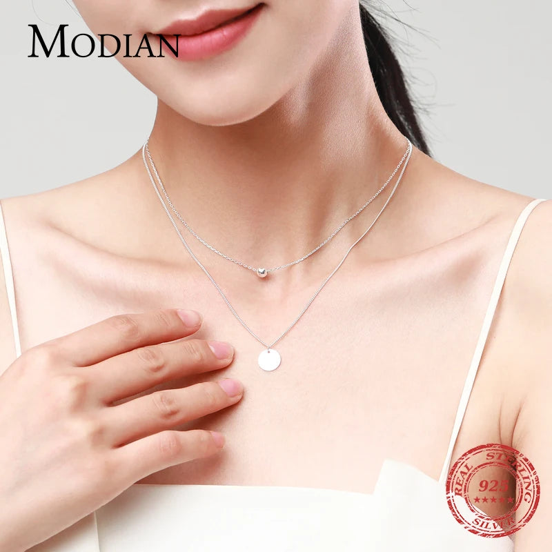 Modian 100% 925 Sterling Silver Double Layer Charm Simple Round Brand Necklace Pendant Chain For Women Fine Wedding Jewelry Gift
