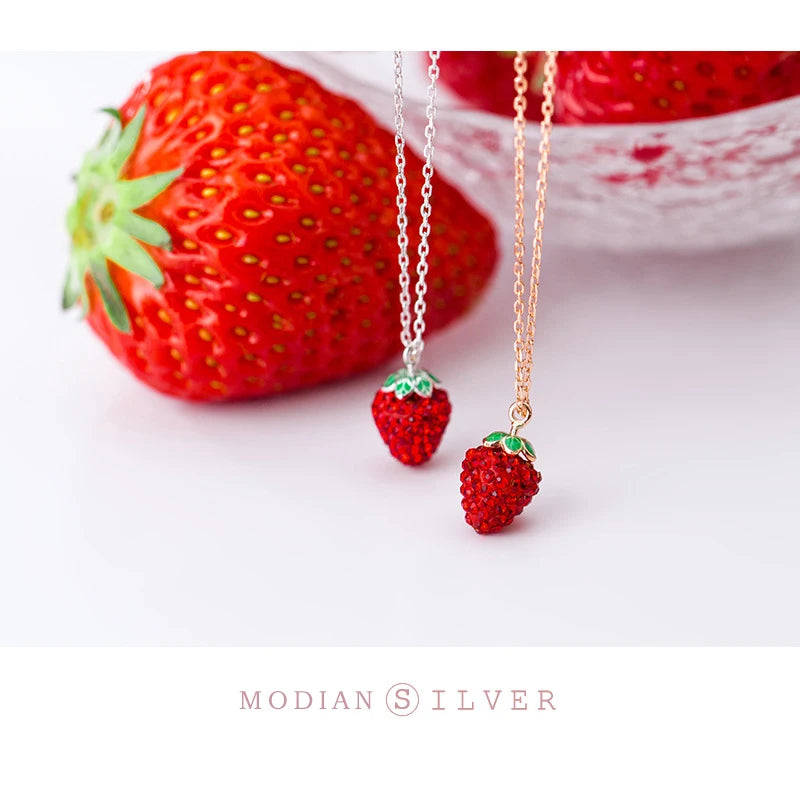 Collar con colgante de fresa 3D de Modian, de plata de ley 925 auténtica, para mujer, con cadena de eslabones de cristal, joyería fina.
