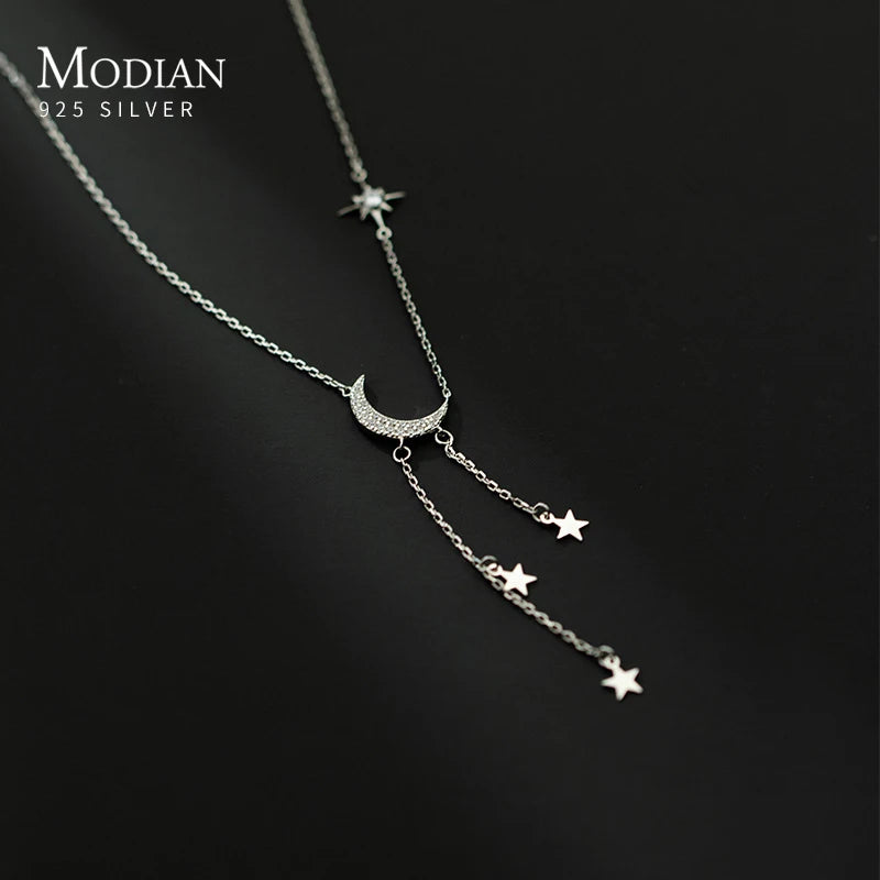 Gargantilla corta MODIAN de plata esterlina 925 maciza con diseño de luna y estrellas, cadena de eslabones con dijes para mujer, joyería fina, regalos