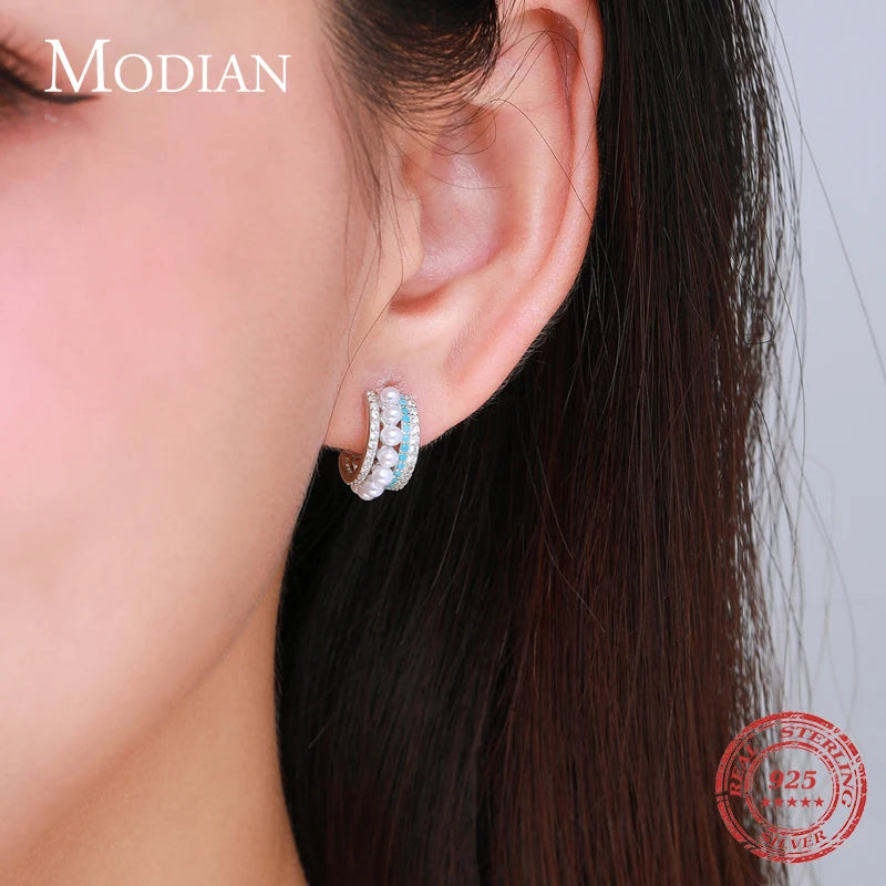 Pendientes Modian de lujo con turquesa, de plata de ley 925 auténtica, con perla y brillantes, para mujer, joyería de marca.