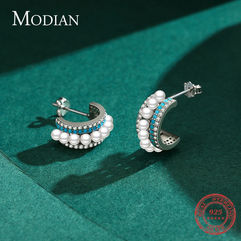 Pendientes Modian de lujo con turquesa, de plata de ley 925 auténtica, con perla y brillantes, para mujer, joyería de marca.