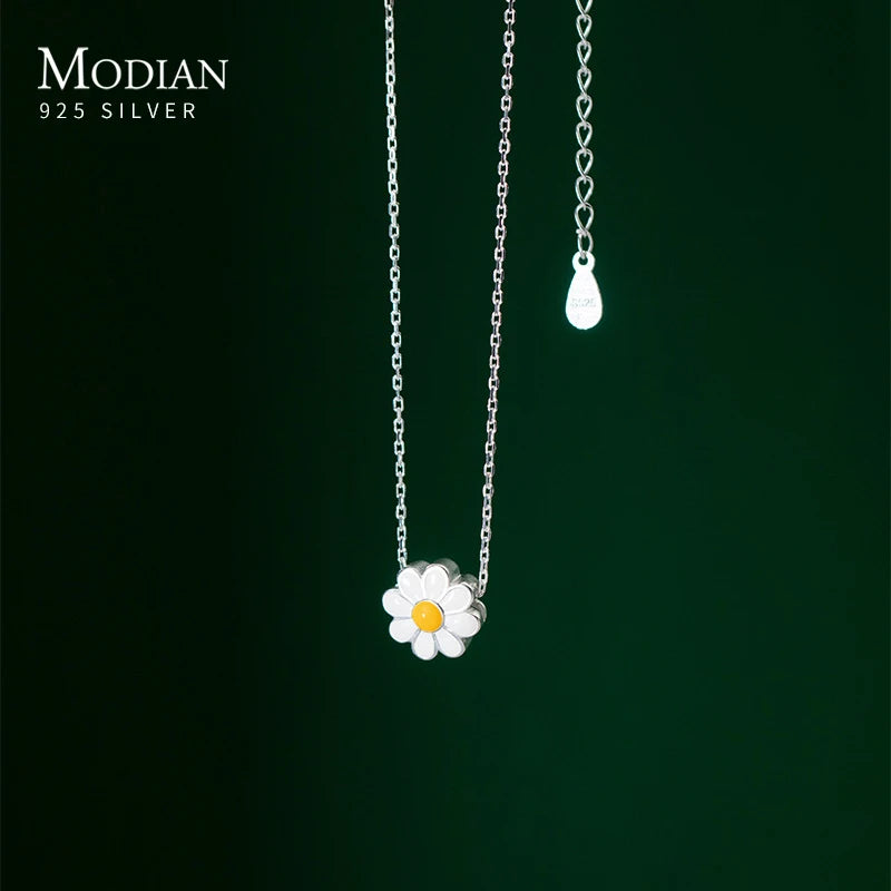 Modian Genuine 925 Sterling Silver Exqusite Cute Enamel Daisy Pendant Fashon Silver Chain Necklace for Women Fine Jewelry Gift