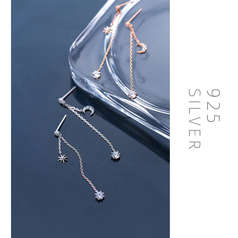 Pendientes Modian Moon con borlas en plata de ley 925, color oro rosa, circonita cúbica transparente, regalo para mujer, joyería fina y original.