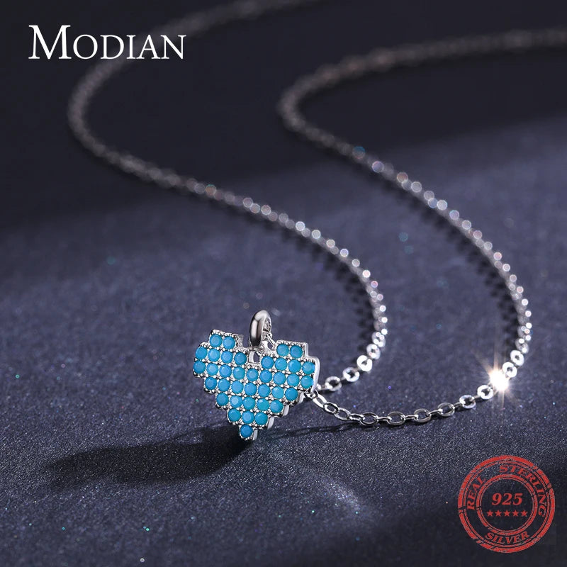 Collar Modian de plata de ley 925 auténtica con colgante de corazón vintage y turquesa para mujer, regalo familiar, joyería fina de estilo nacional.