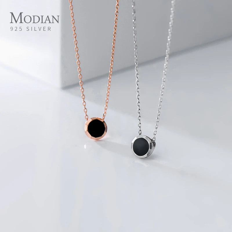 Collar Modian 100% de plata esterlina 925 auténtica, sencillo, de esmalte negro, color oro rosa, bonito colgante, cadena para mujer, joyería