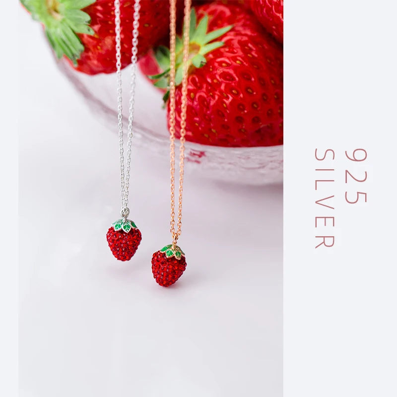 Collar con colgante de fresa 3D de Modian, de plata de ley 925 auténtica, para mujer, con cadena de eslabones de cristal, joyería fina.