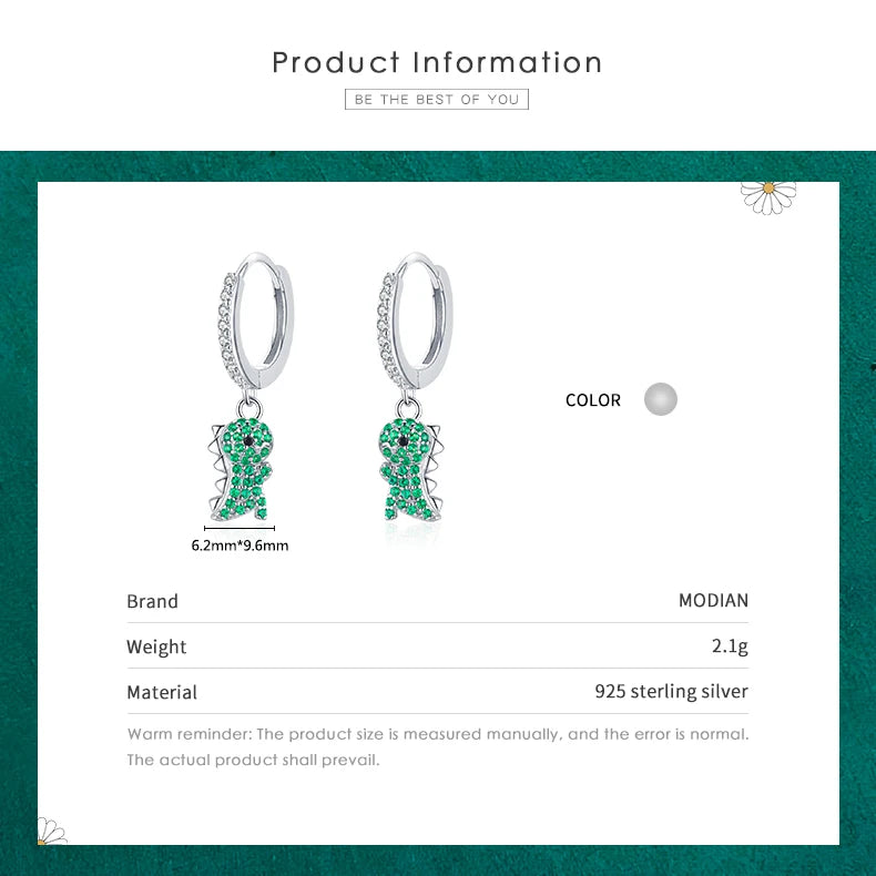 Pendientes colgantes Modian de plata de ley 925 auténtica con forma de dinosaurio y circonita cúbica transparente para mujer, joyería fina