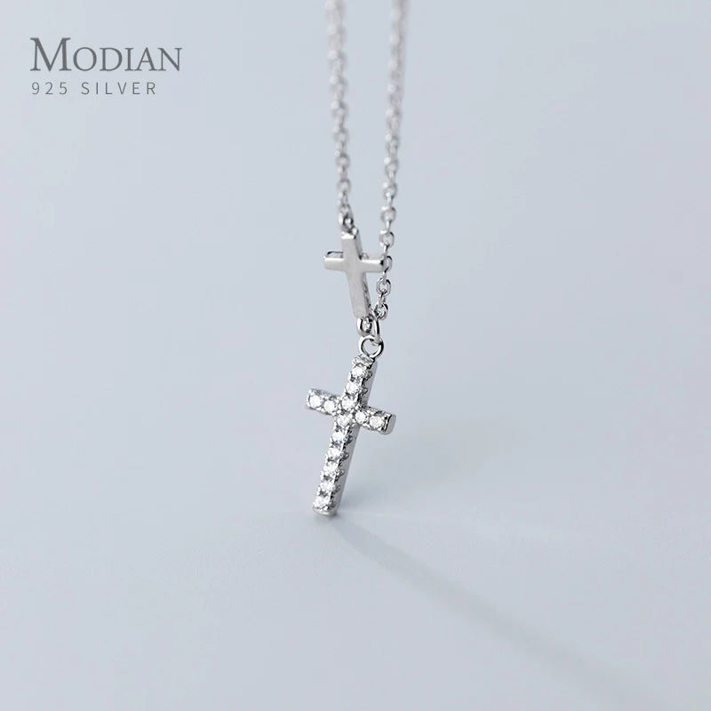 Collar con colgante de cruz gruesa de circonita cúbica brillante Modian en plata de ley 925 para mujer, collar sencillo ajustable, accesorios de joyería fina