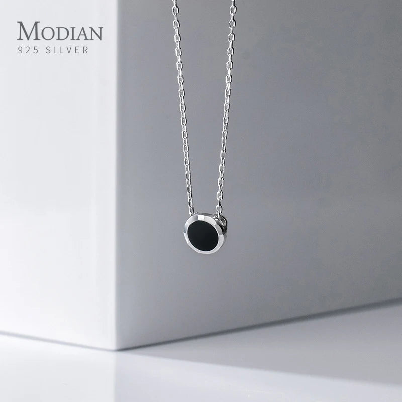 Collar Modian 100% de plata esterlina 925 auténtica, sencillo, de esmalte negro, color oro rosa, bonito colgante, cadena para mujer, joyería